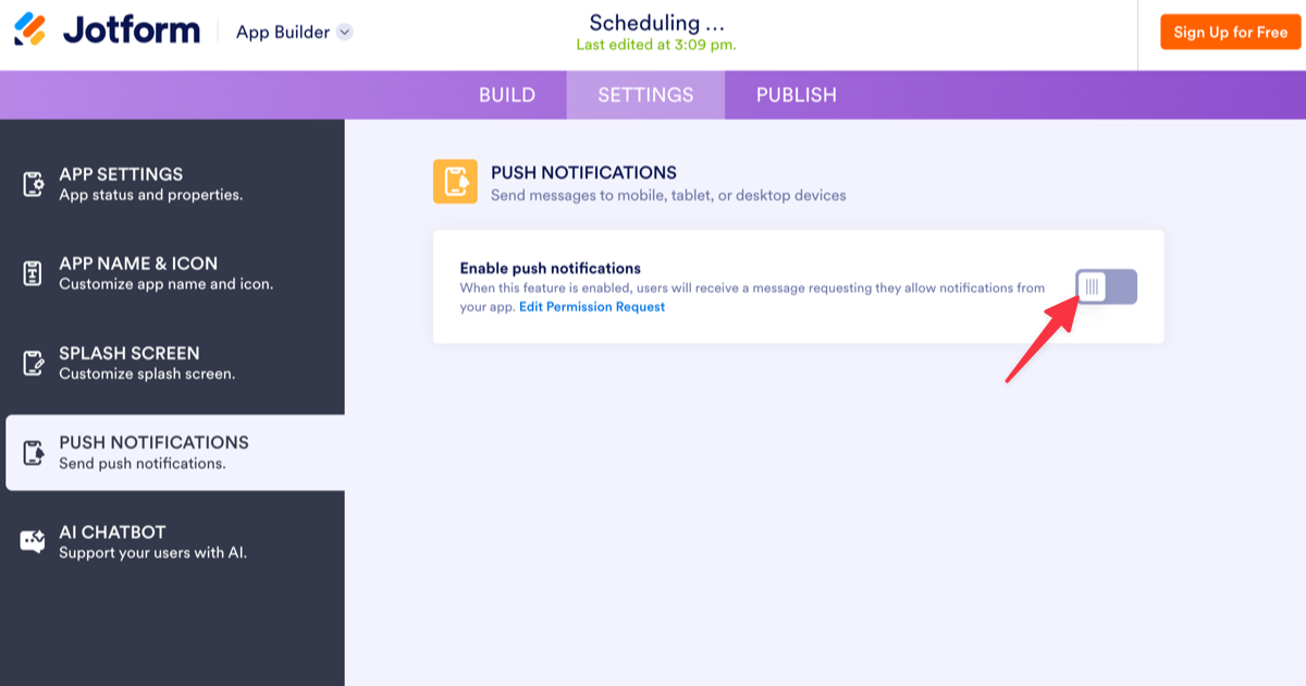 Push Notifications settings panel with a red arrow pointing to the Enable push notifications toggle on the right side