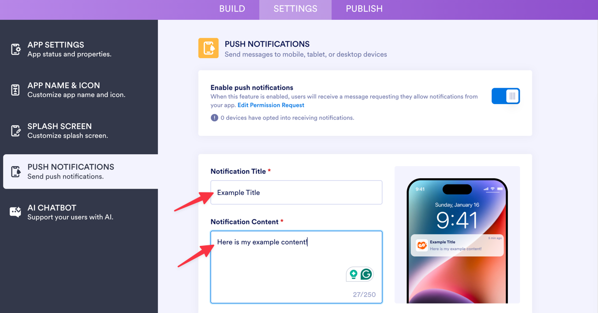 Push Notifications form showing fields for Notification Title and Notification Content, with red arrows pointing to both fields, plus a phone preview on the right