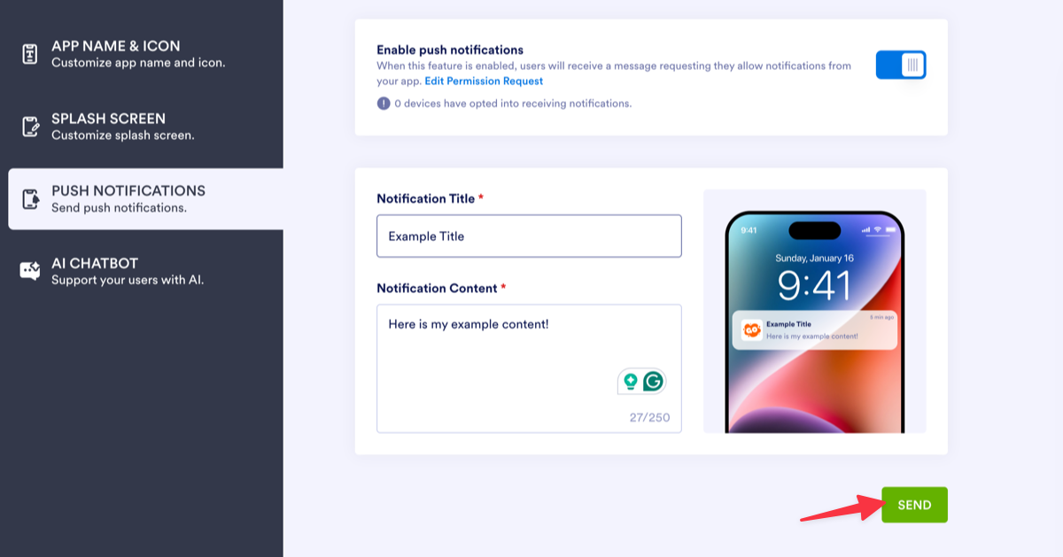 Push Notifications screen scrolled down, showing the notification fields and preview, with a red arrow pointing to the green Send button in the bottom-right