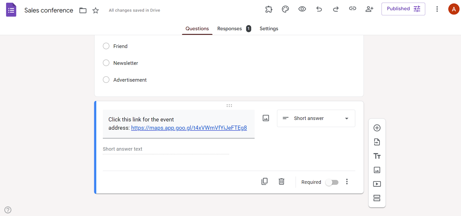 Screenshot of a Google Form in edit mode with a short-answer question containing a clickable Google Maps URL in the question description