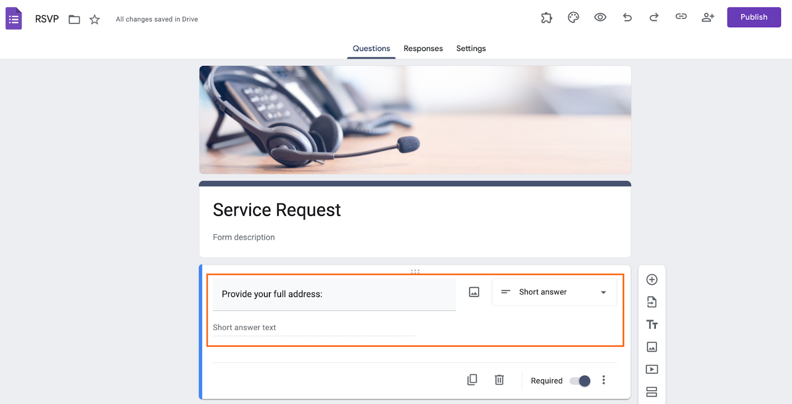 Screenshot of a “Service Request” Google Form showing a short-answer question labeled “Provide your full address