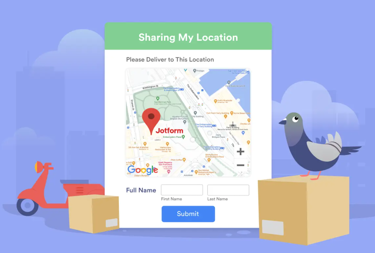 Illustration of a Jotform “Sharing My Location” form displaying a Google Map with a red location pin, a name field, and a blue Submit button, alongside delivery-themed graphics