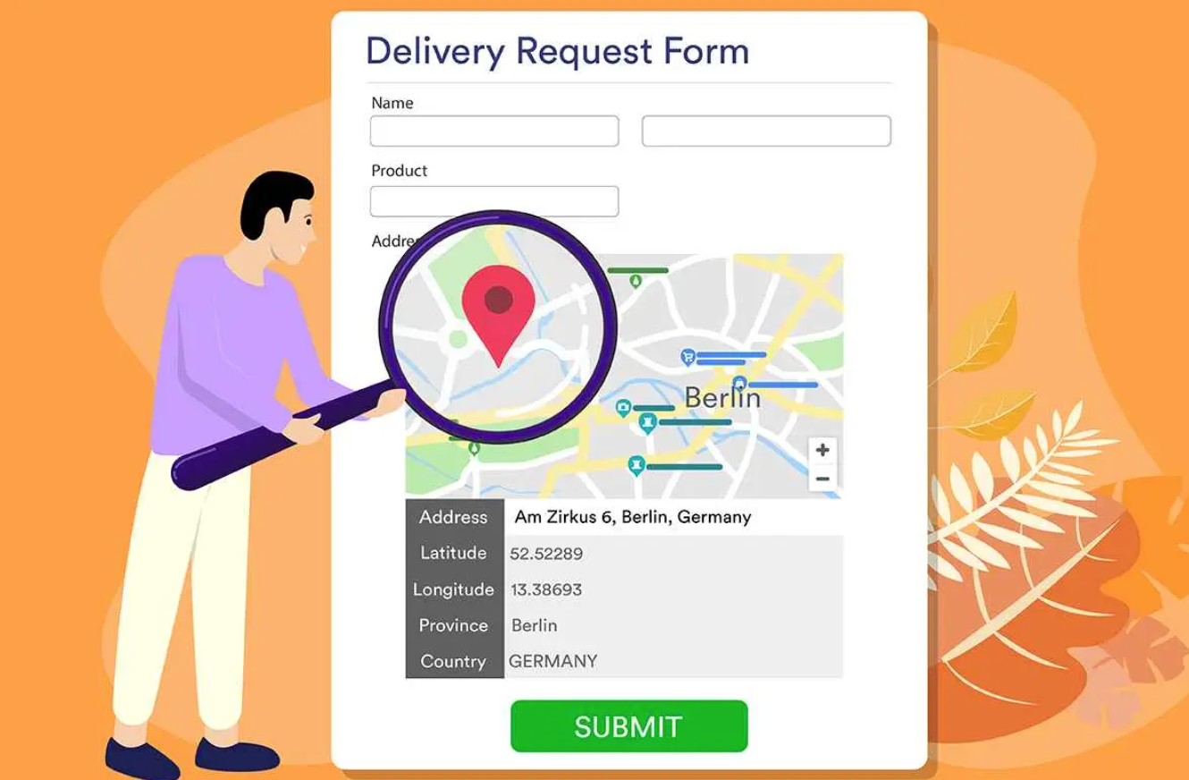 Illustration of a “Delivery Request Form” showing a map with a red pin over Berlin, Germany, including latitude, longitude, province, and country fields, with a magnifying glass graphic highlighting the map