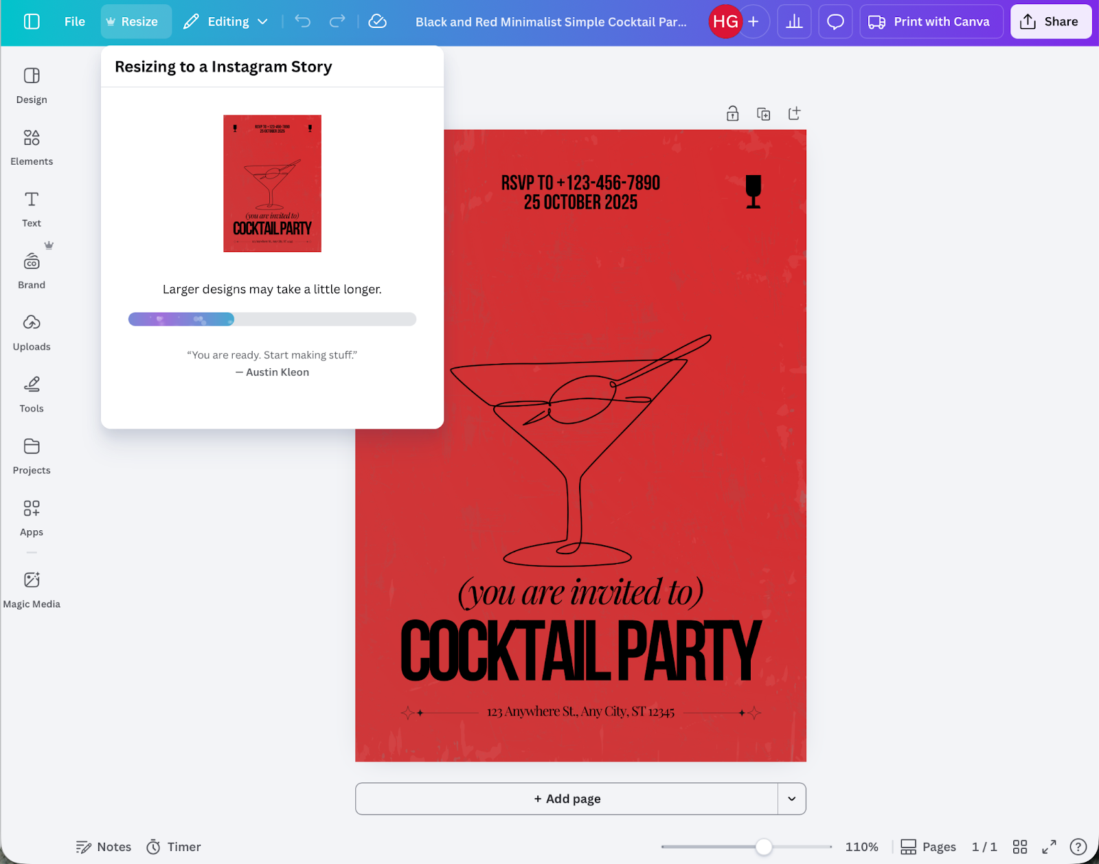 Screenshot of Canva showing a red cocktail party invitation design with a pop-up indicating resizing to an Instagram Story, highlighting the Magic Resize feature