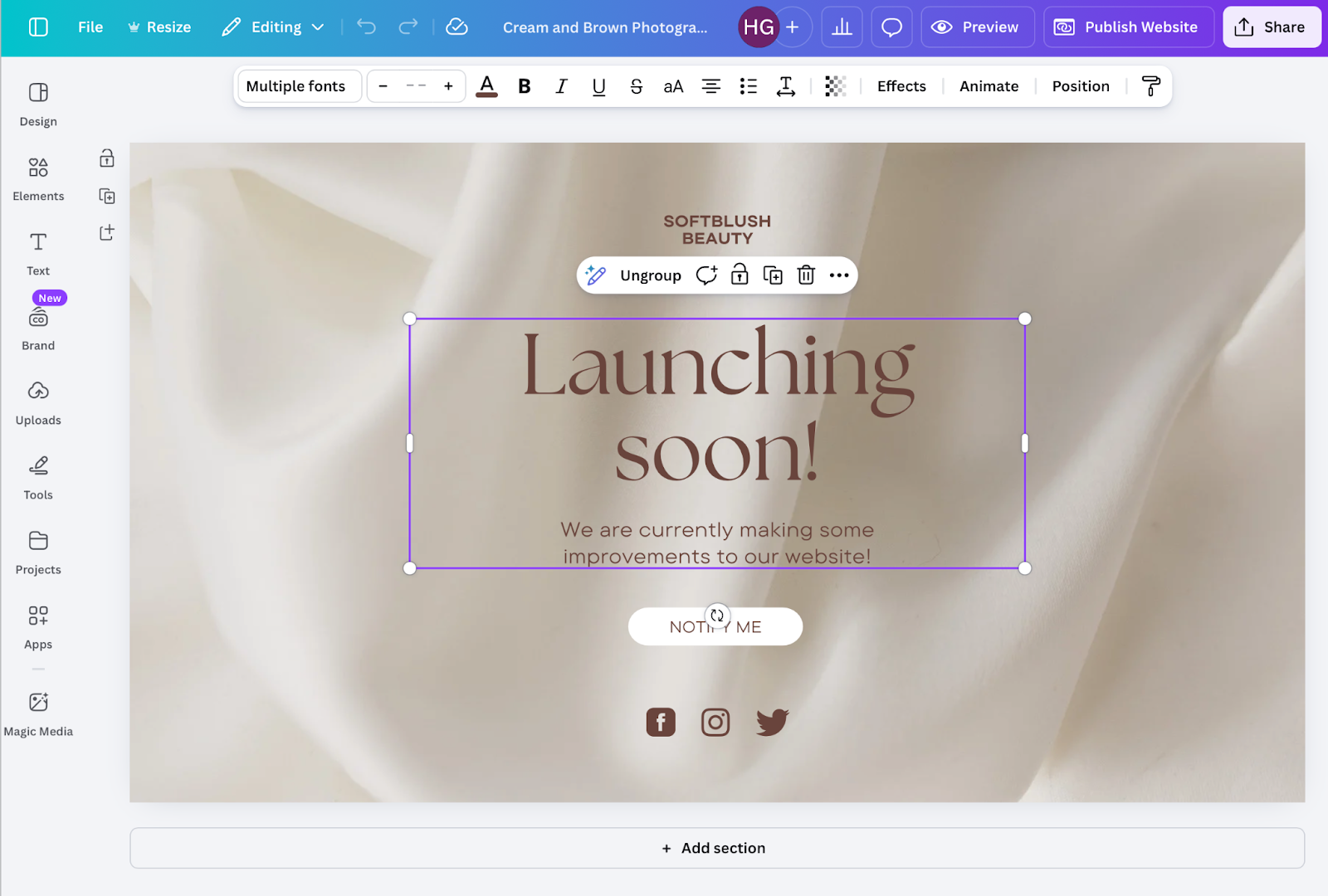 Screenshot of the Canva editor interface showing a website design canvas with the text “Launching soon!” selected, editing toolbar options at the top, and design tools in the left sidebar