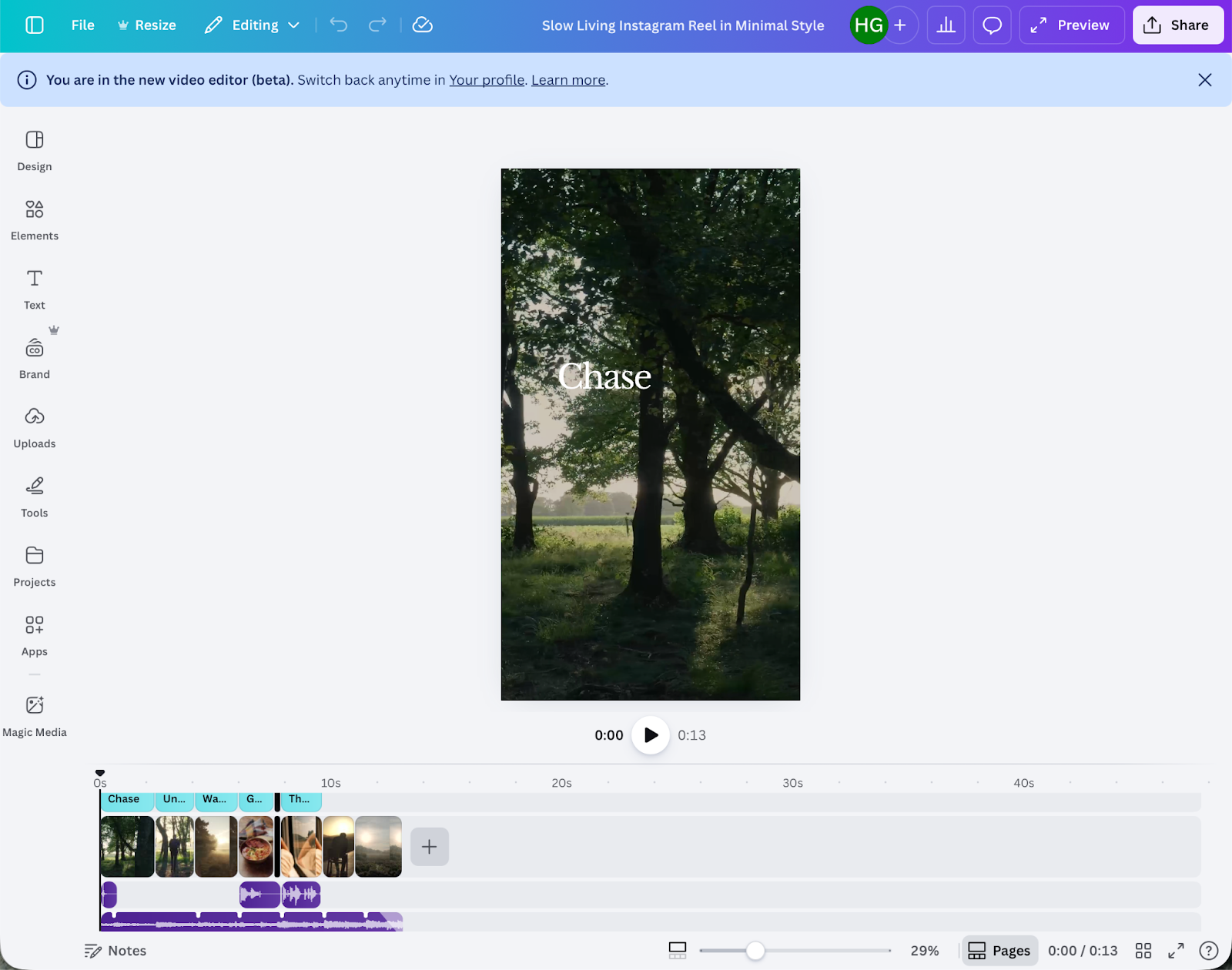 Screenshot of Canva’s video editor displaying a vertical video preview of a forest scene with a timeline and multiple clips arranged along the bottom
