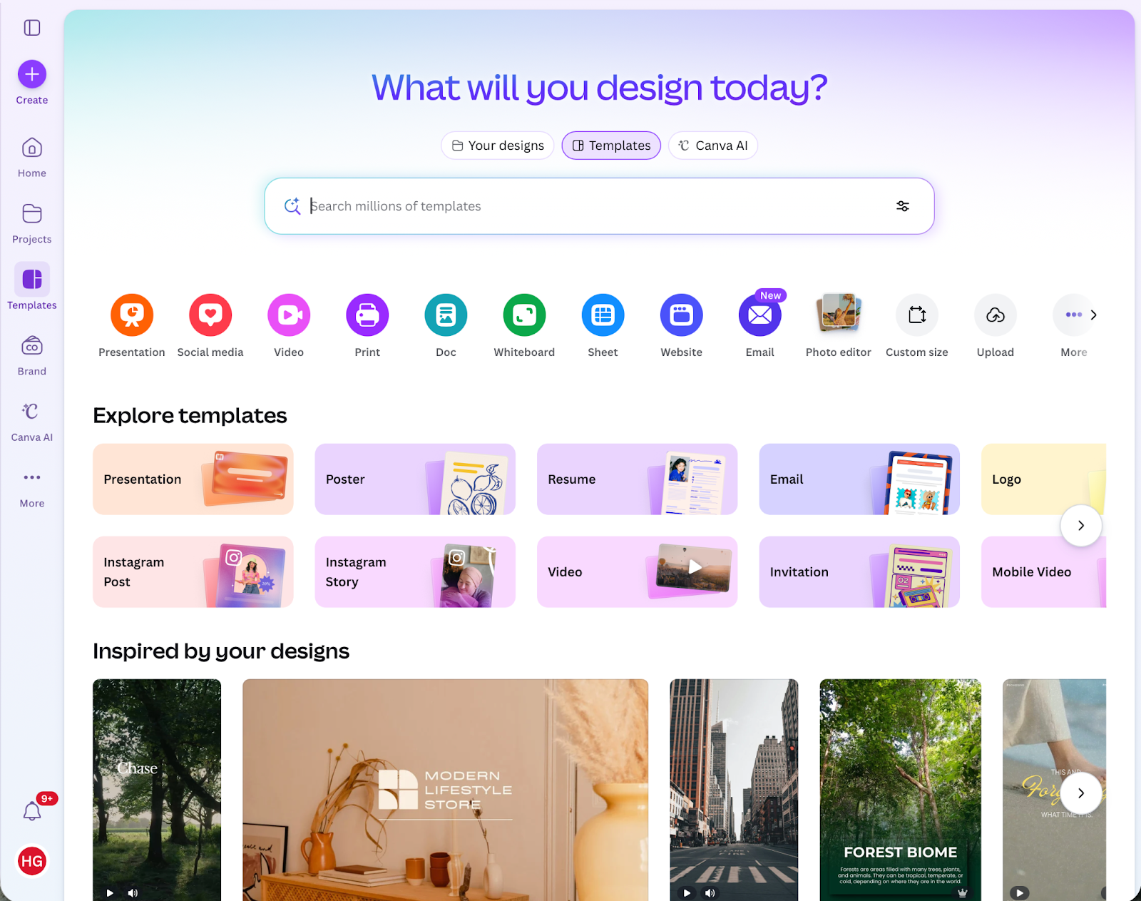 Screenshot of Canva’s homepage dashboard with the heading “What will you design today?”, a central search bar, template category icons (Presentation, Social media, Video, Print, etc