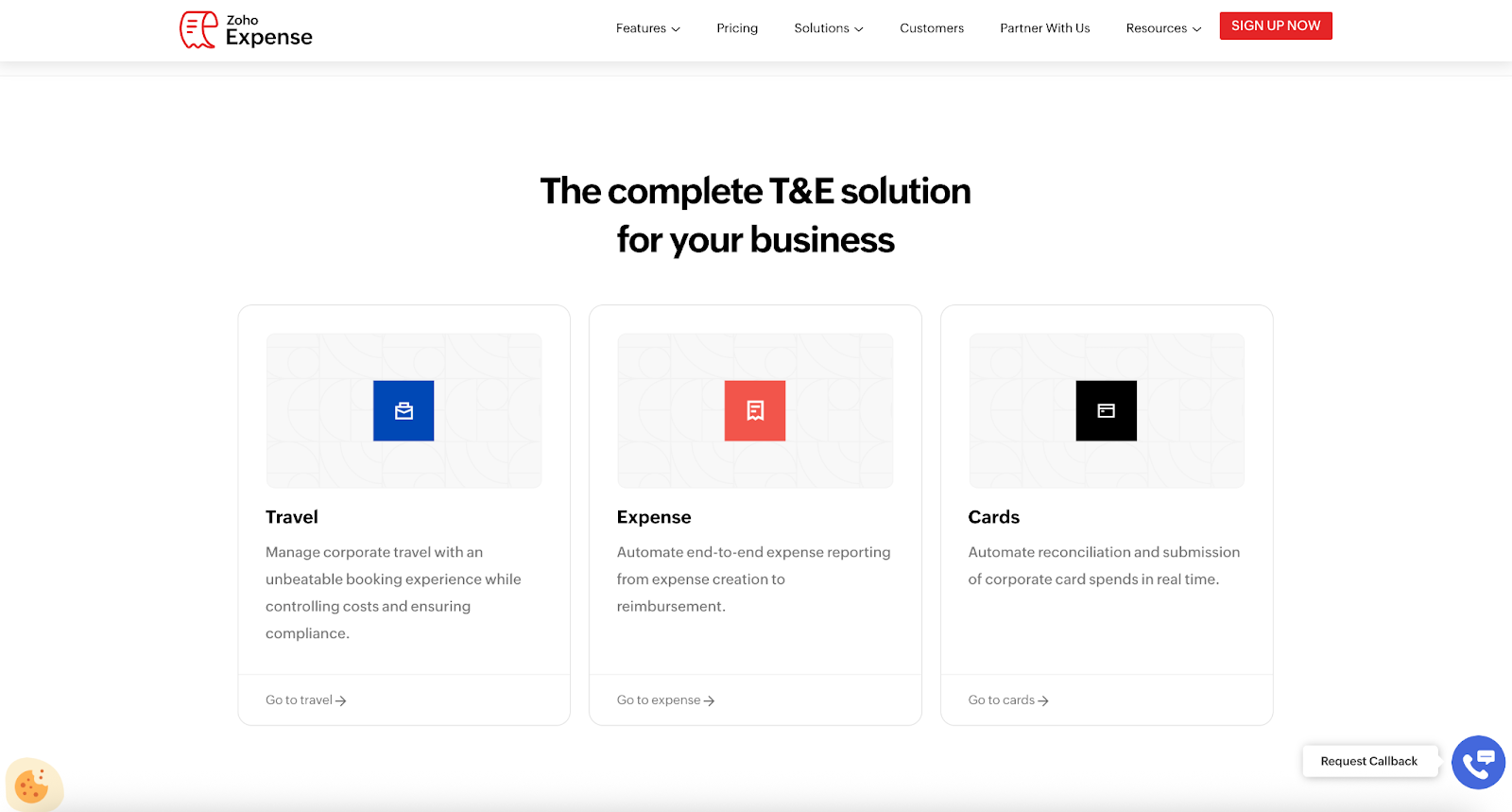 Screenshot of Zoho Expense's landing page, showing a headline "The complete T&E solution for your business"