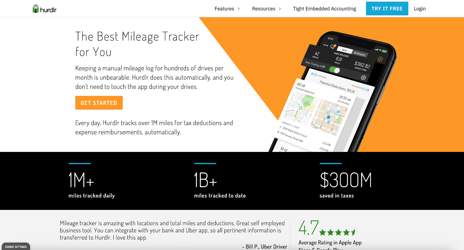 Screenshot of Hurdlr's landing page, showing a headline "The Best Mileage Tracker for You"