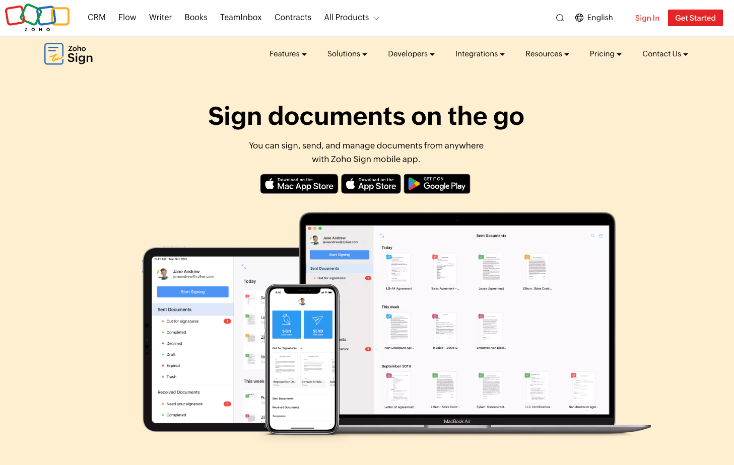 Screenshot of Zoho Sign landing page, showing a headline "Sign documents on the go