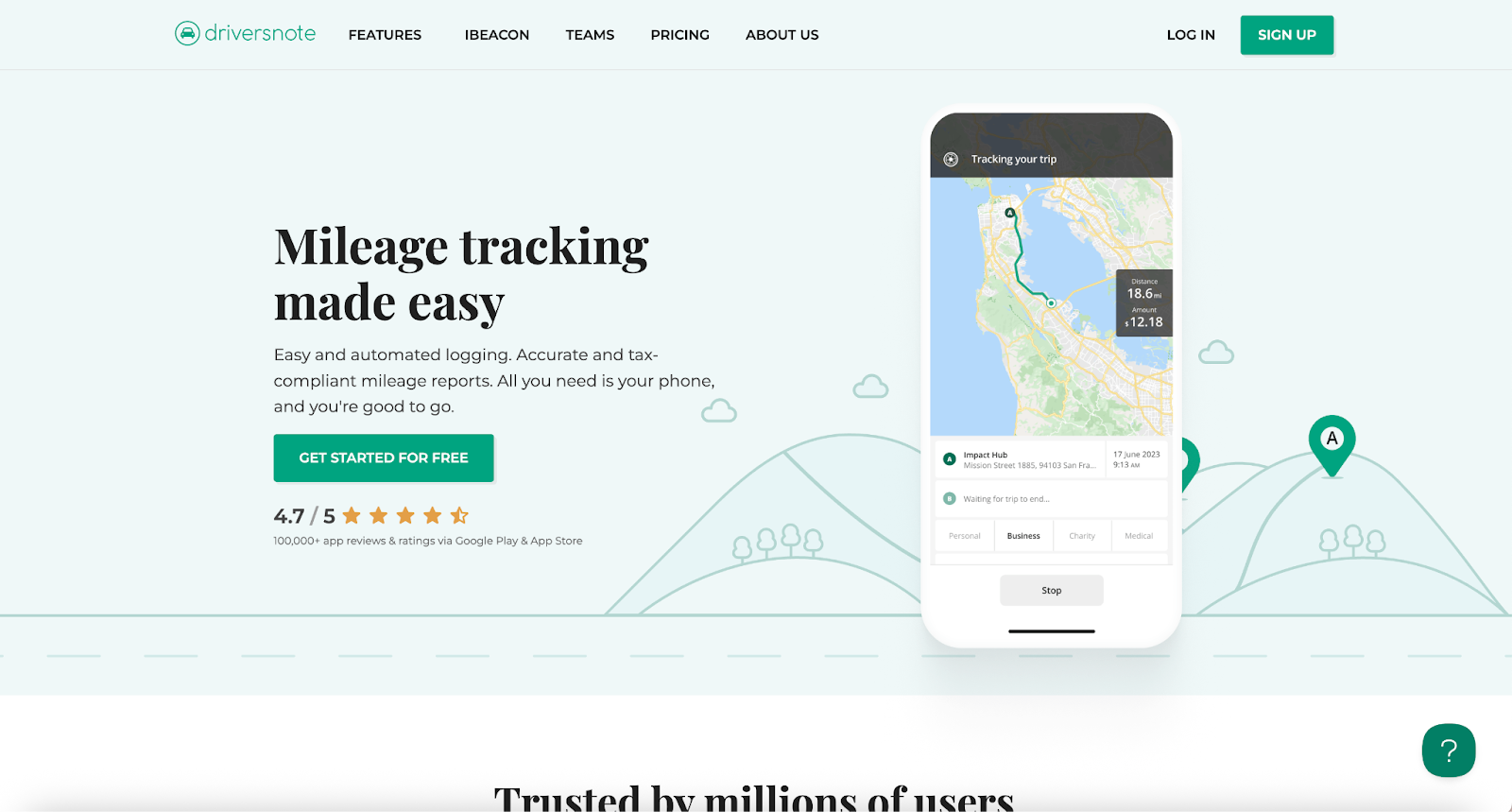 Screenshot of Driversnote's landing page, showing a headline "Mileage tracking made easy"