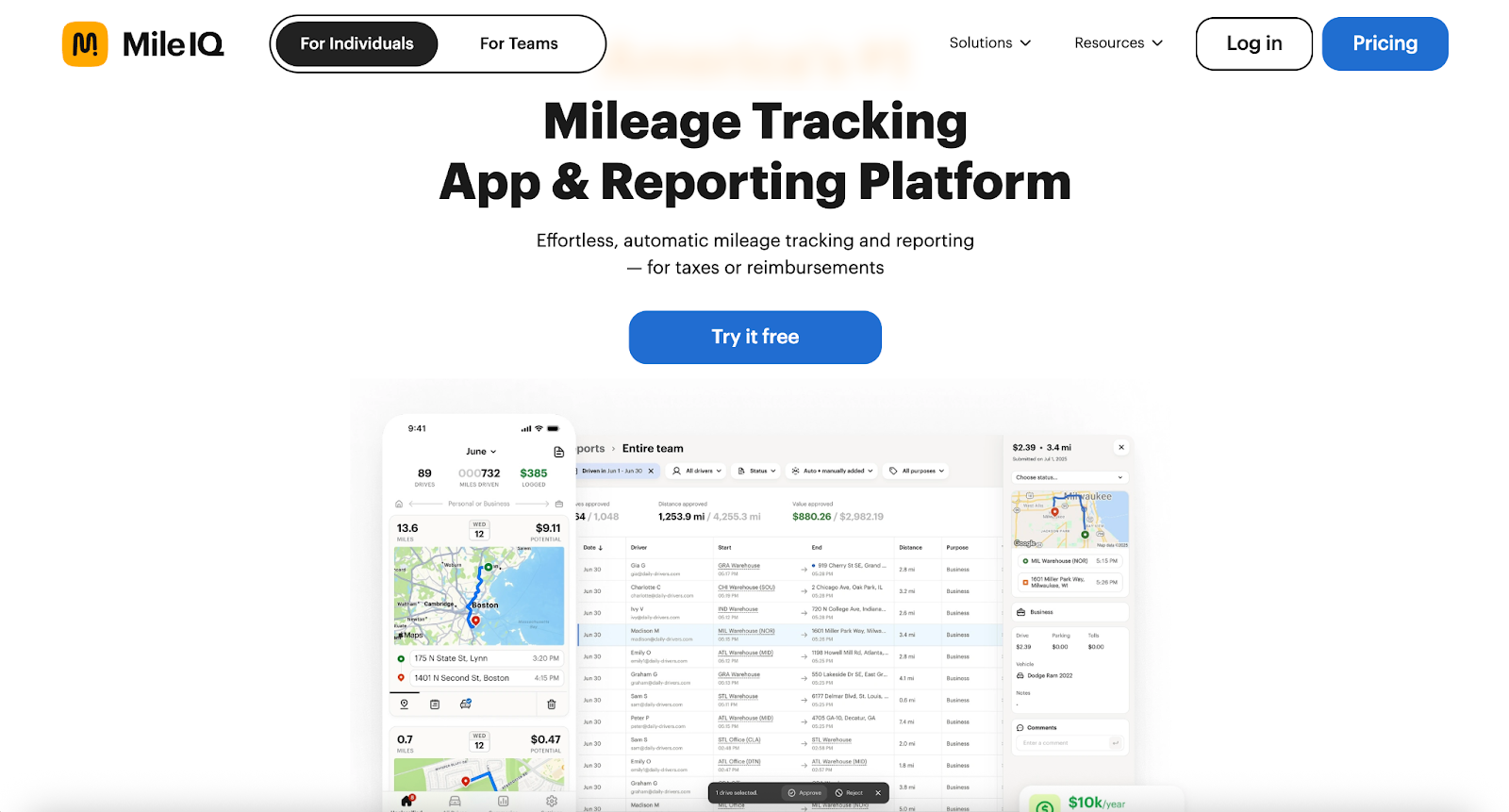 Screenshot of MilelQ's landing page, showing a headline "Mileage Tracking App & Reporting Platform"