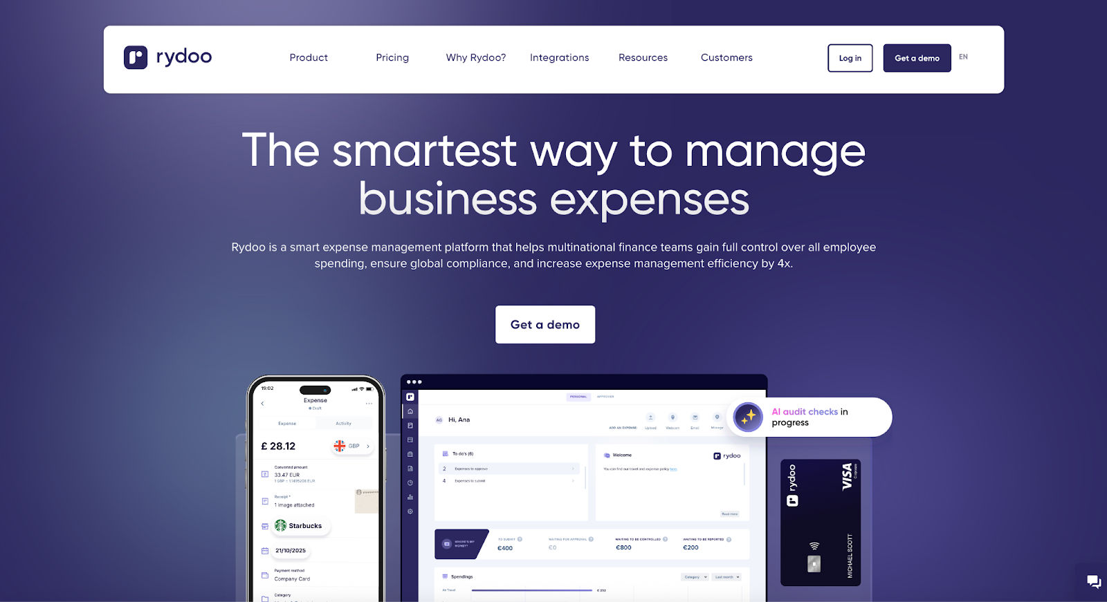Screenshot of Rydoo's landing page, showing a headline "The smartest way to manage business expenses"