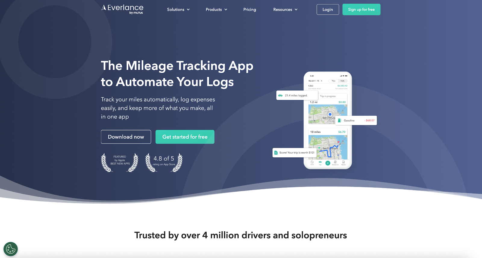 Screenshot of Everlance's landing page, showing a headline "The Mileage Tracking App to Automate Your Logs"