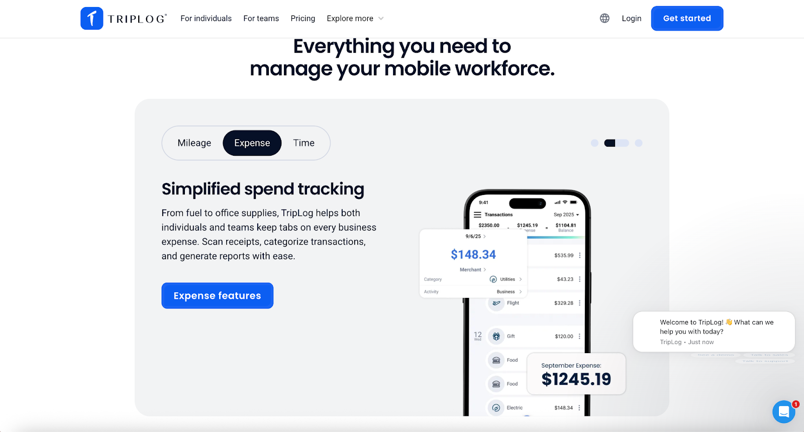 Screenshot of TripLog's landing page, showing a headline "Everything you need to manage your mobile workforce"