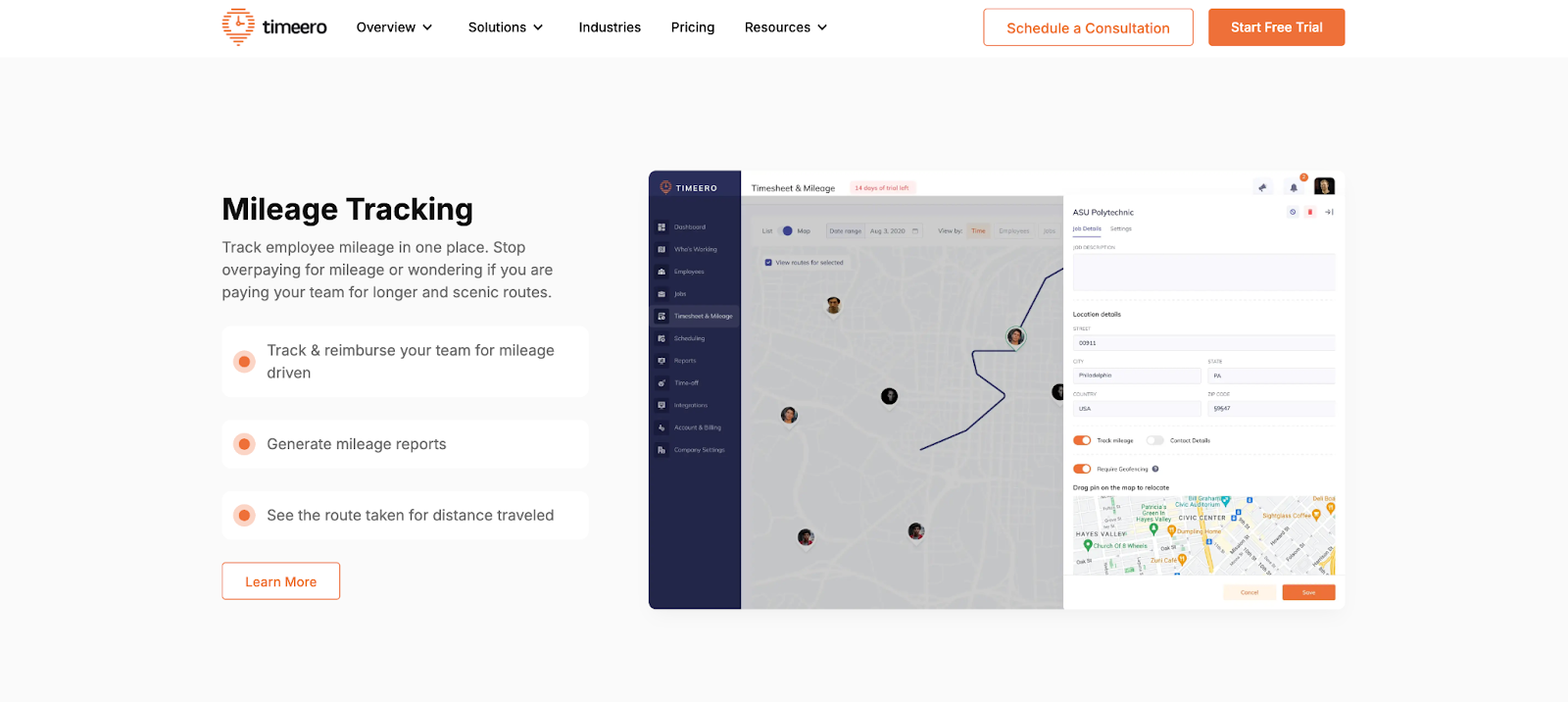 Screenshot of Timeero's landing page, showing a headline "Mileage Tracking"