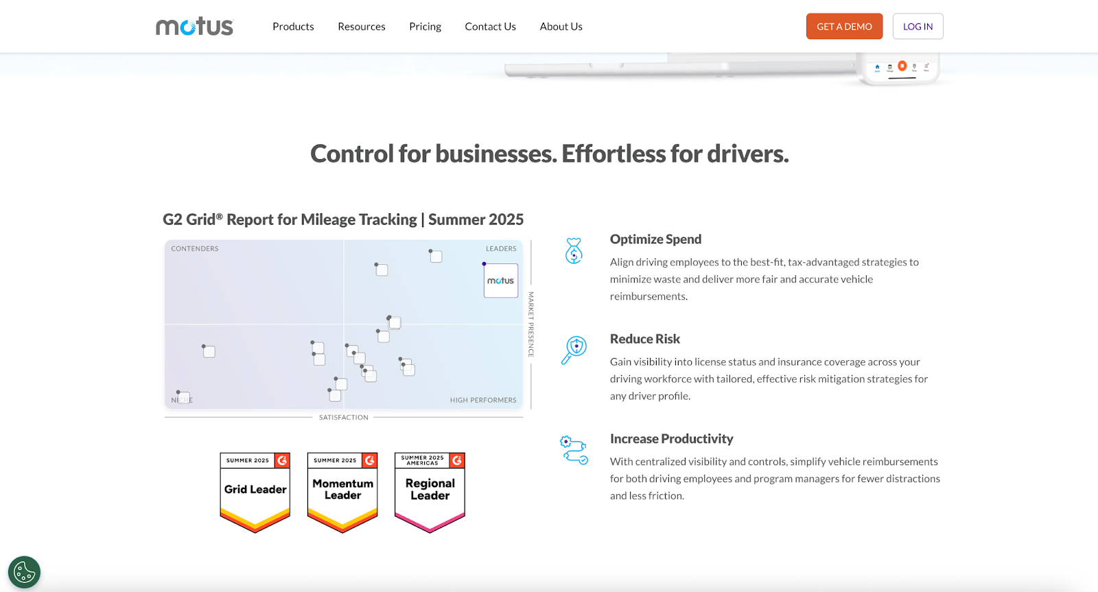 Screenshot of Motus' landing page, showing a headline "Control for businesses