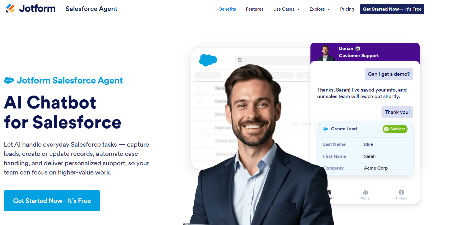 Jotform Salesforce Agent website with the words: "AI Chatbot for Salesforce"