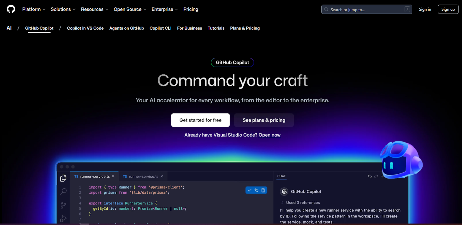 GitHub Copilot website with the words: "Command your craft"