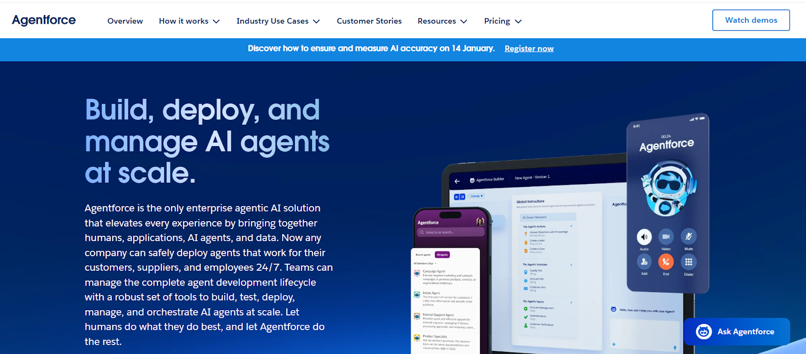 Agentforce website with the words: "Build, deploy, and manage AI agents at scale"