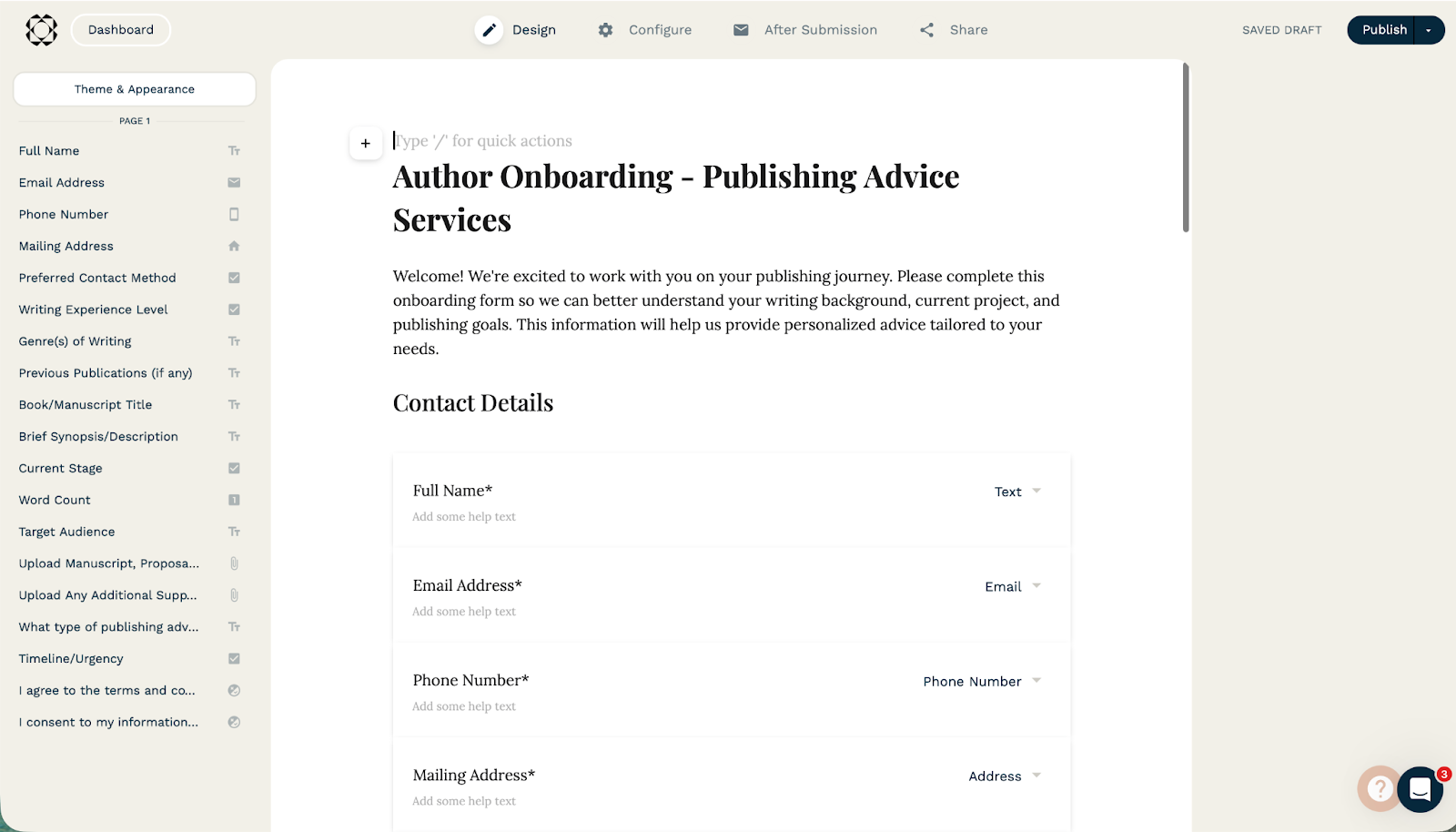 Screenshot of a form-building interface titled "Author Onboarding - Publishing Advice Services