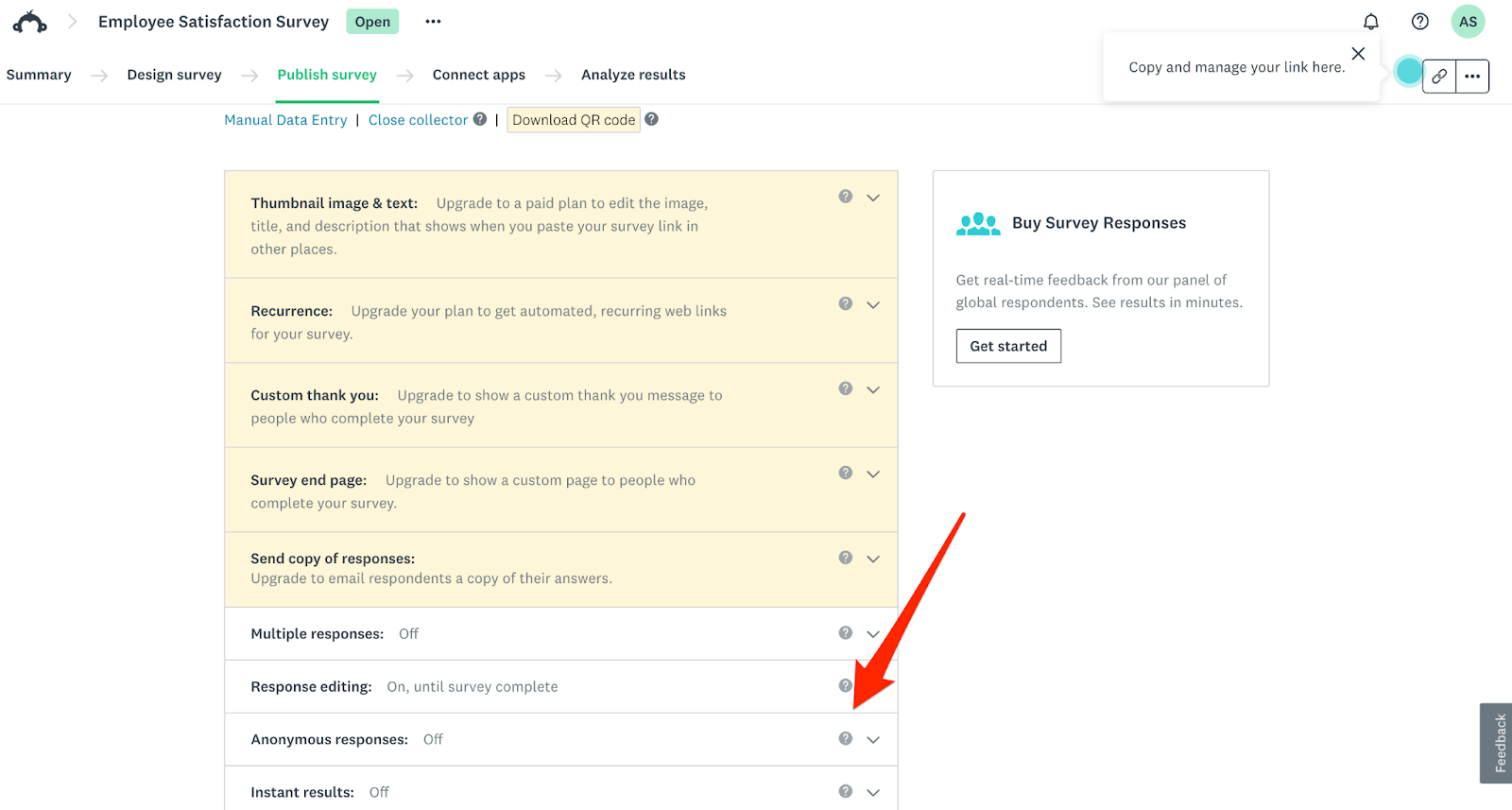 SurveyMonkey Publish Survey Tab Anonymous Responses Option