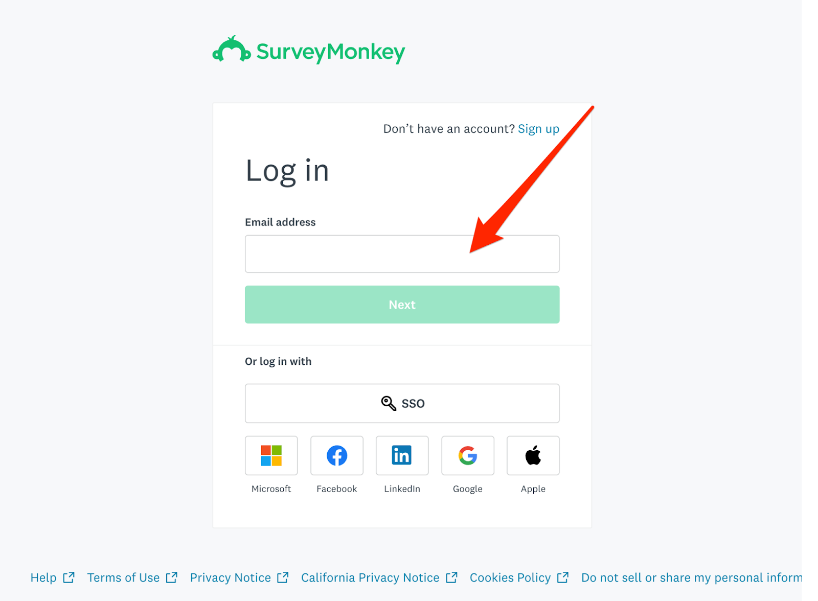 SurveyMonkey Log in page