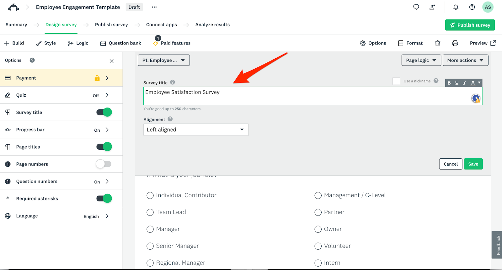 SurveyMonkey Design Survey tab Survey Title Box