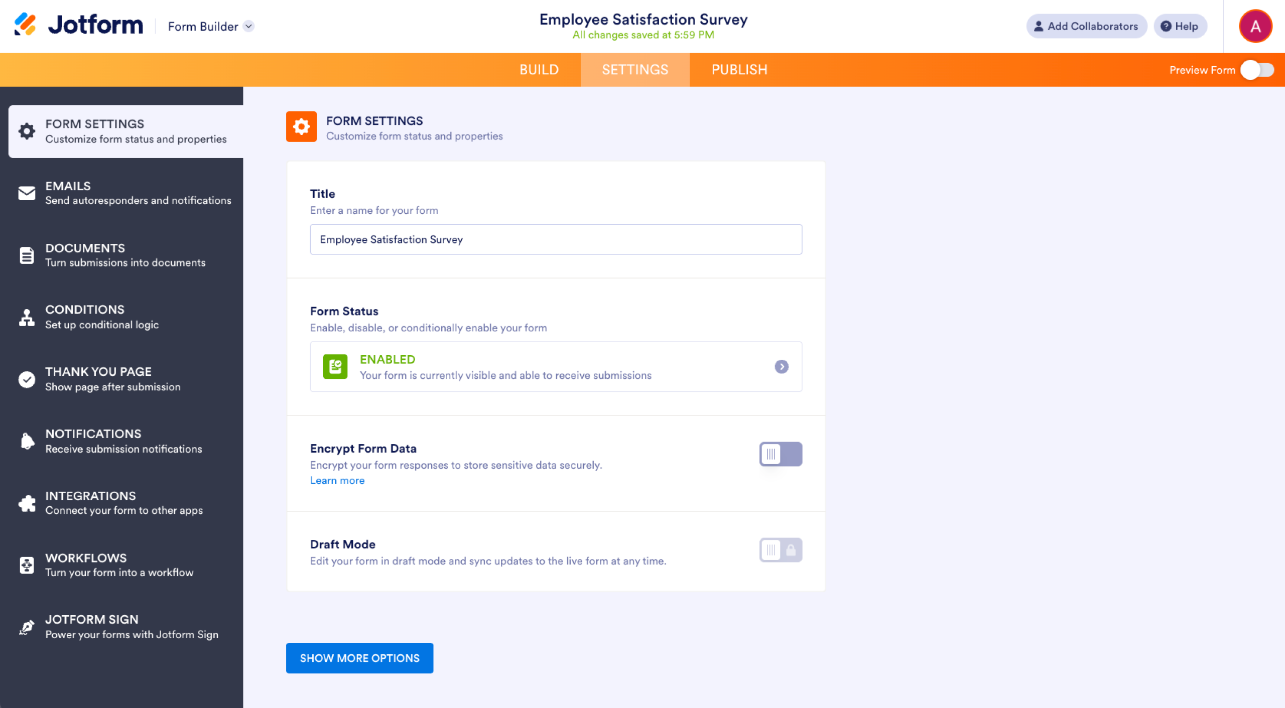 Jotform Form Builder Form Settings Tab