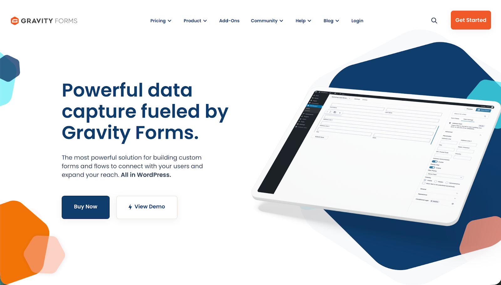 Gravity Forms website homepage features a modern design with text highlighting 'Powerful data capture fueled by Gravity Forms