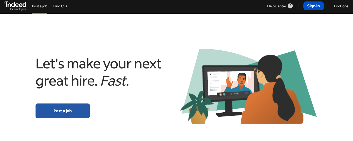 Screenshot of Indeed Recruiter's landing page, showing a headline "Let's make your next great hire