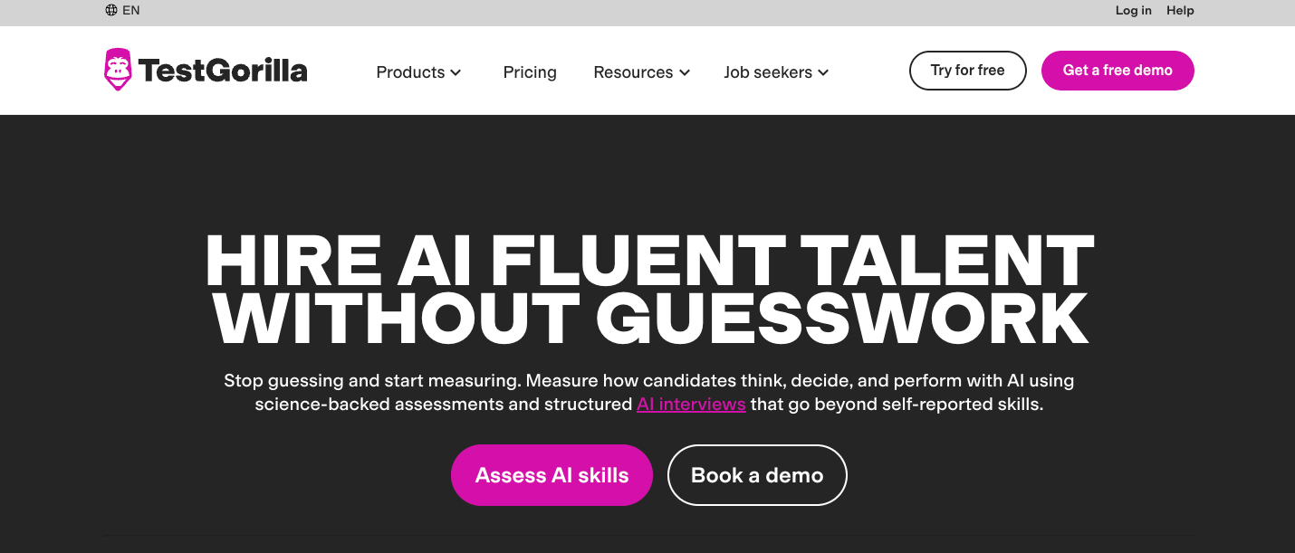 Screenshot of TestGorilla's landing page, showing a headline "Hire AI fluent talent without guesswork"