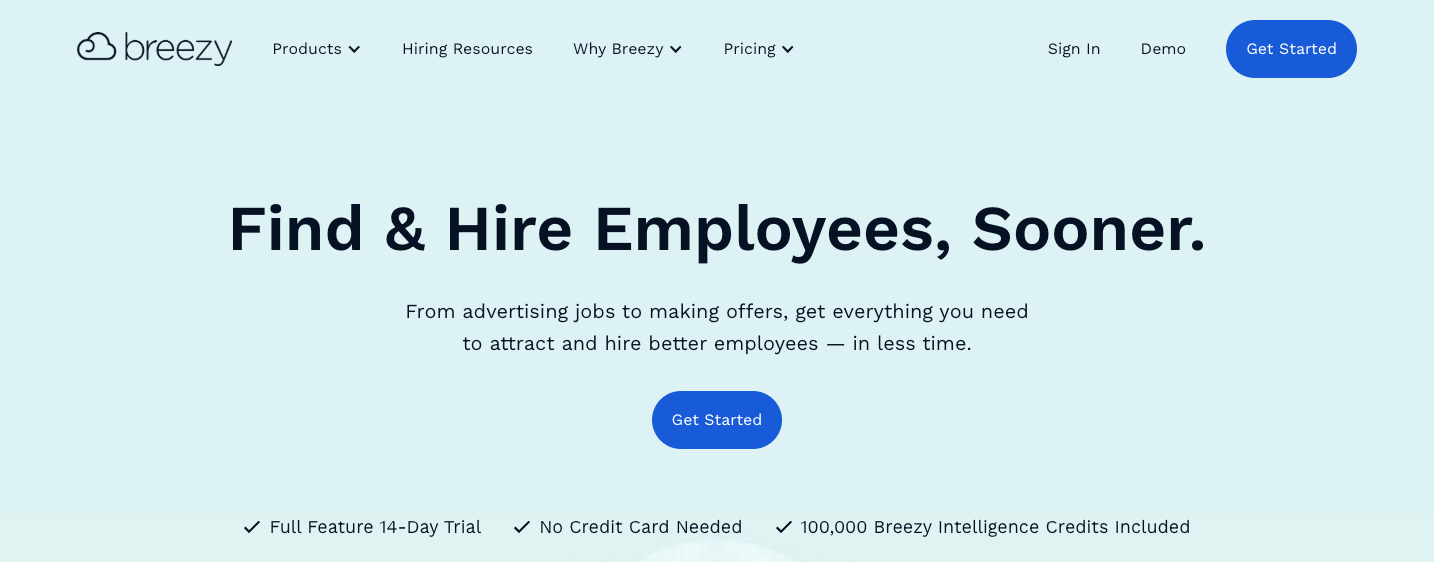 Screenshot of BreezyHR's landing page, showing a headline "Find & Hire Employees, Sooner