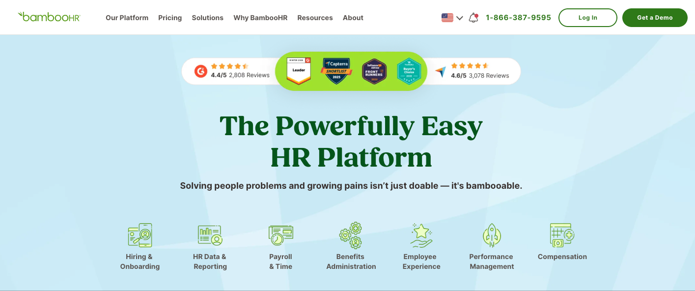 Screenshot of BambooHR's landing page, showing a headline "The Powerfully Easy HR Platform"