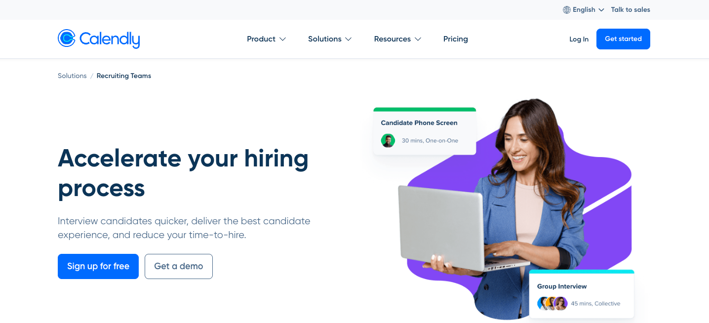 Screenshot of Calendly's landing page, showing a headline "Accelerate your hiring process"