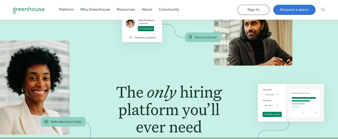 Screenshot of Greenhouse's landing page, showing a headline "The only hiring platform you'll ever need"