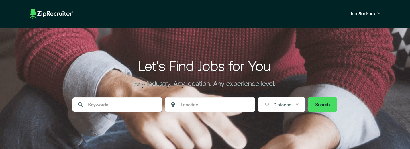 Screenshot of ZipRecruiter's landing page, showing a headline "Let's Find Jobs for You"
