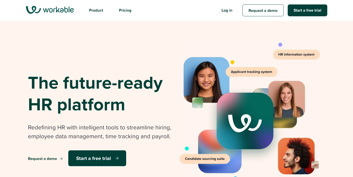 Screenshot of Workable's landing page, showing a headline "The future-ready HR platform"