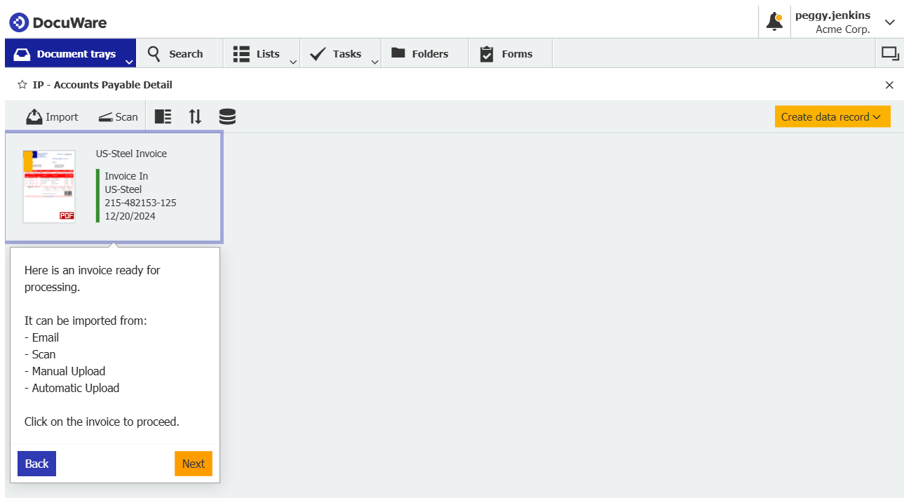 DocuWare document management dashboard showing stored files, workflow options, and automated processing tools for enterprise document management and invoicing