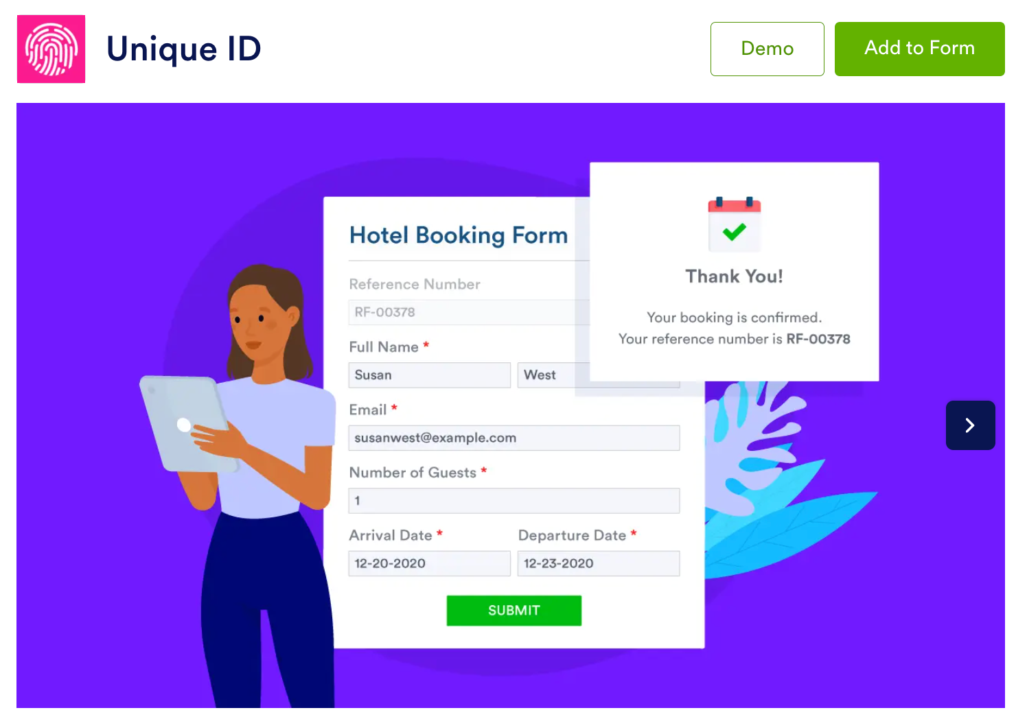 Jotform Unique ID feature page showing a hotel booking form with an auto-generated reference number and a confirmation popup reading “Thank You! Your booking is confirmed,” alongside Demo and Add to Form buttons