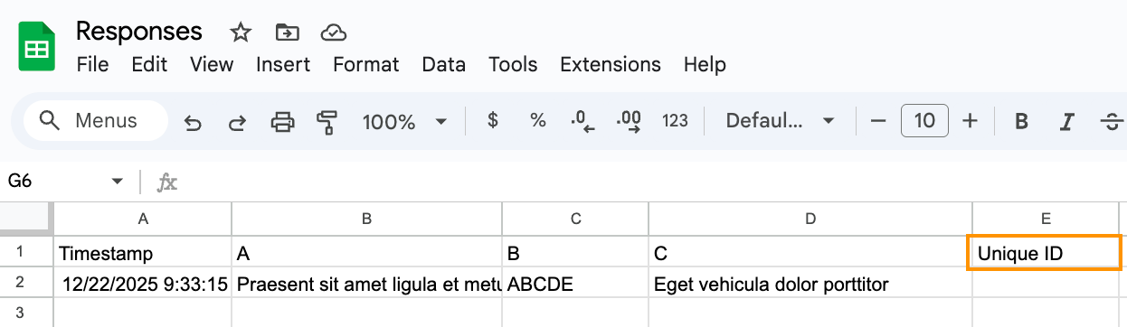Google Sheets response spreadsheet with a new column labeled “Unique ID” added to the right of the existing response columns