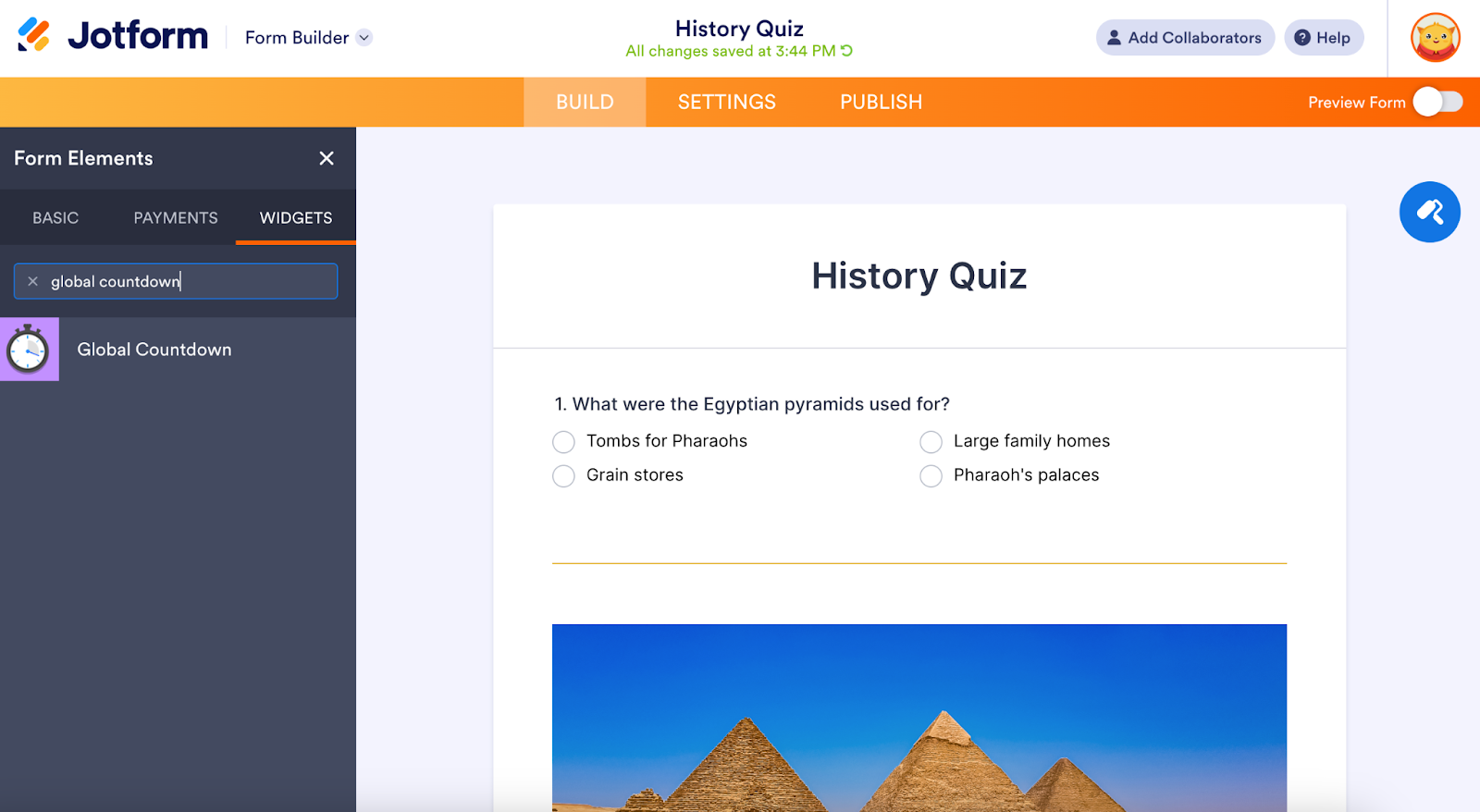 Jotform interface showing the Global Countdown widget in the search results