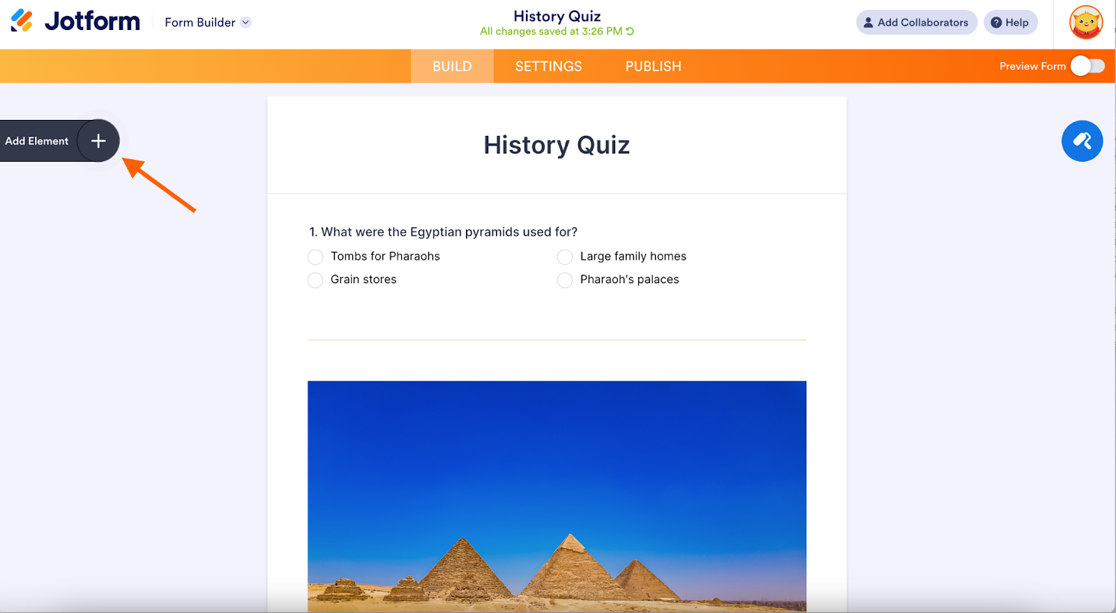 Jotform interface with an arrow pointing to the Add Element button