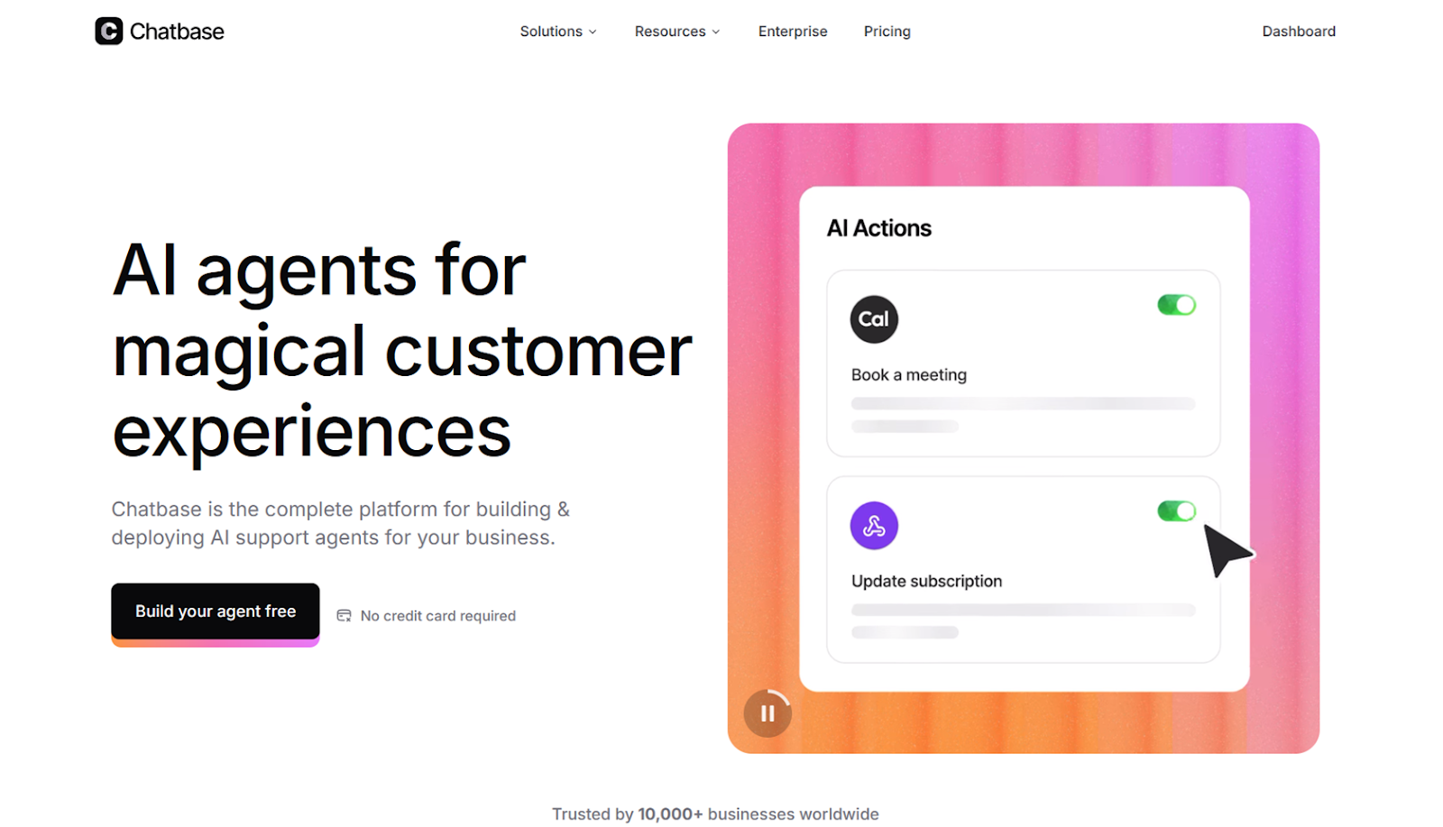 Screenshot of the Chatbase homepage, featuring a platform overview and clickable button to build your agent free