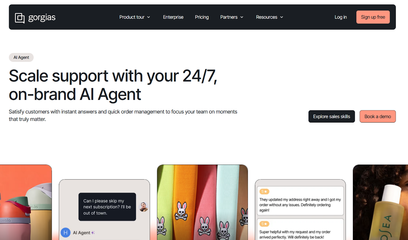Screenshot of Gorgias' landing page, showing a headline "Scale support with your 24/7, on-brand AI Agent"