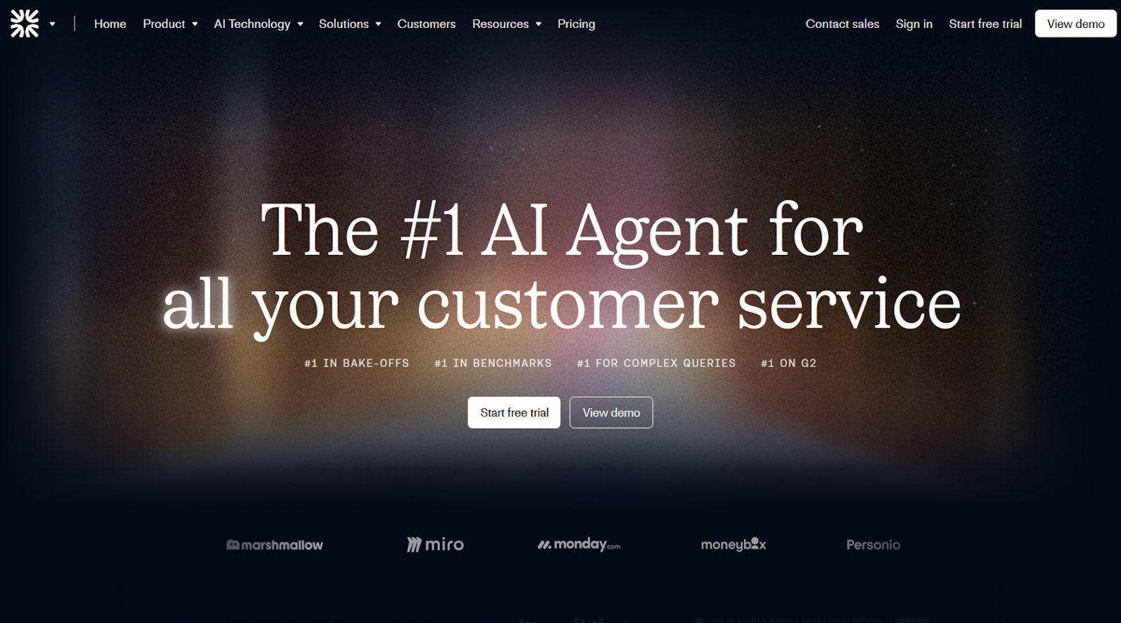 Screenshot of the Fin homepage, highlighting some platform stats and offering clickable links to start a free trial or view a demo