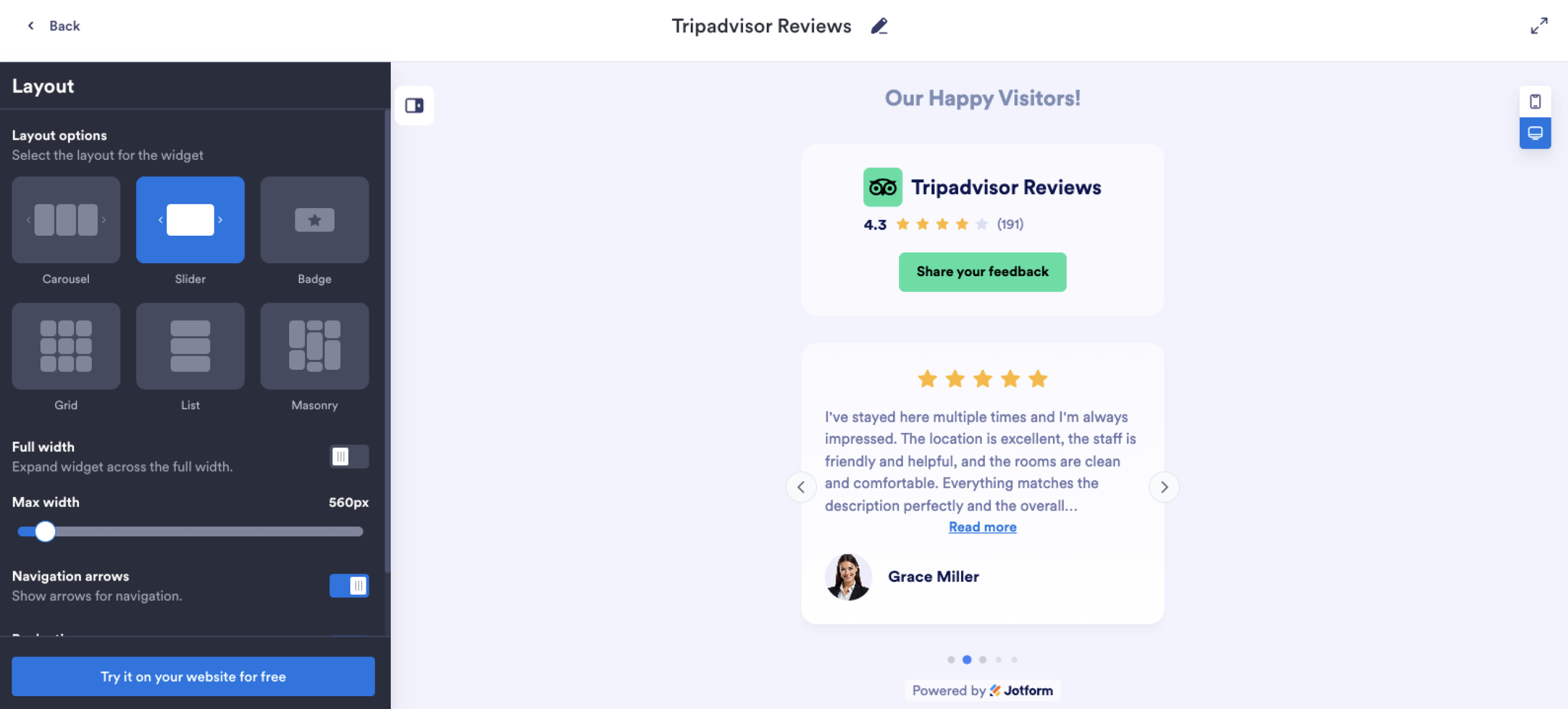 Jotform Tripadvisor Reviews Widget Layout Options