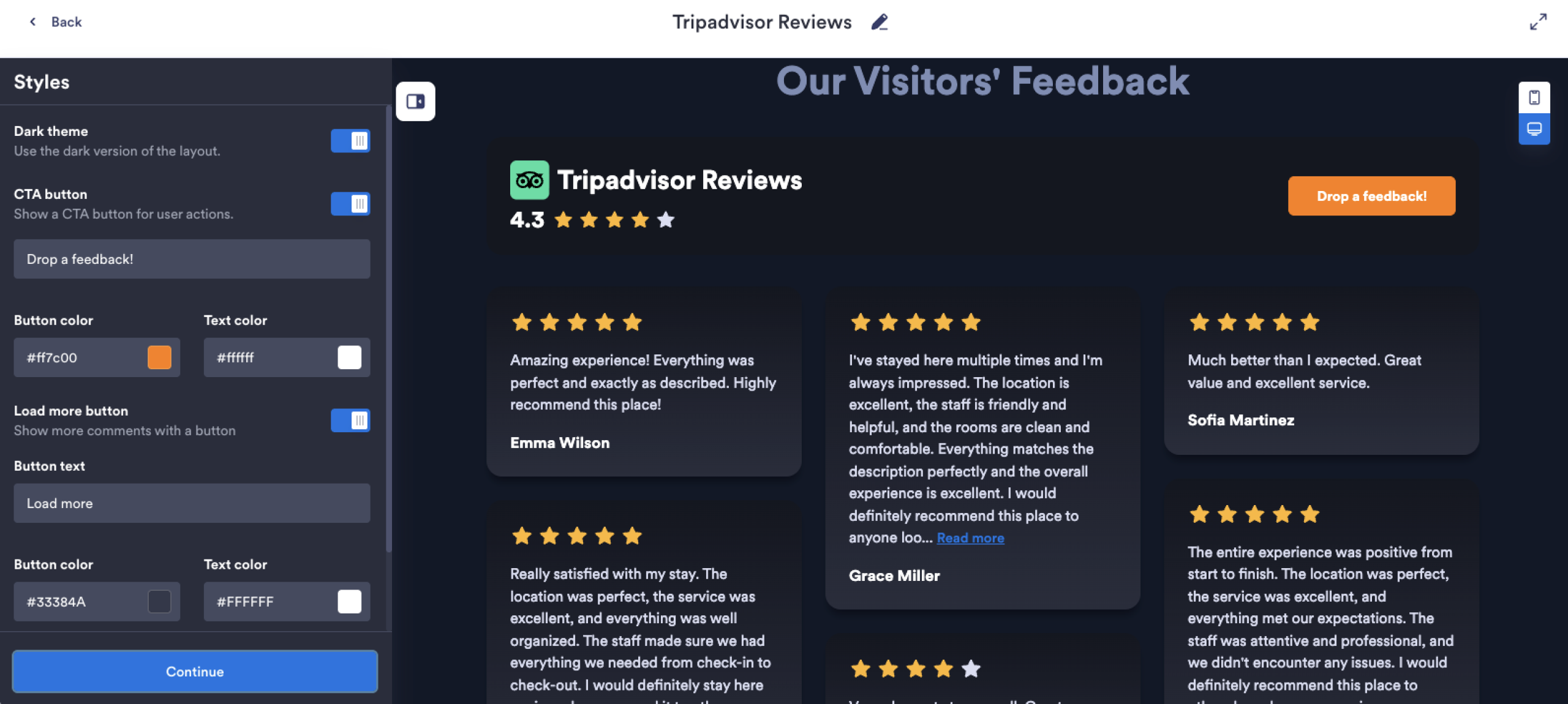 Jotform Tripadvisor Reviews Widget Dark Theme CTA Button Customization Options
