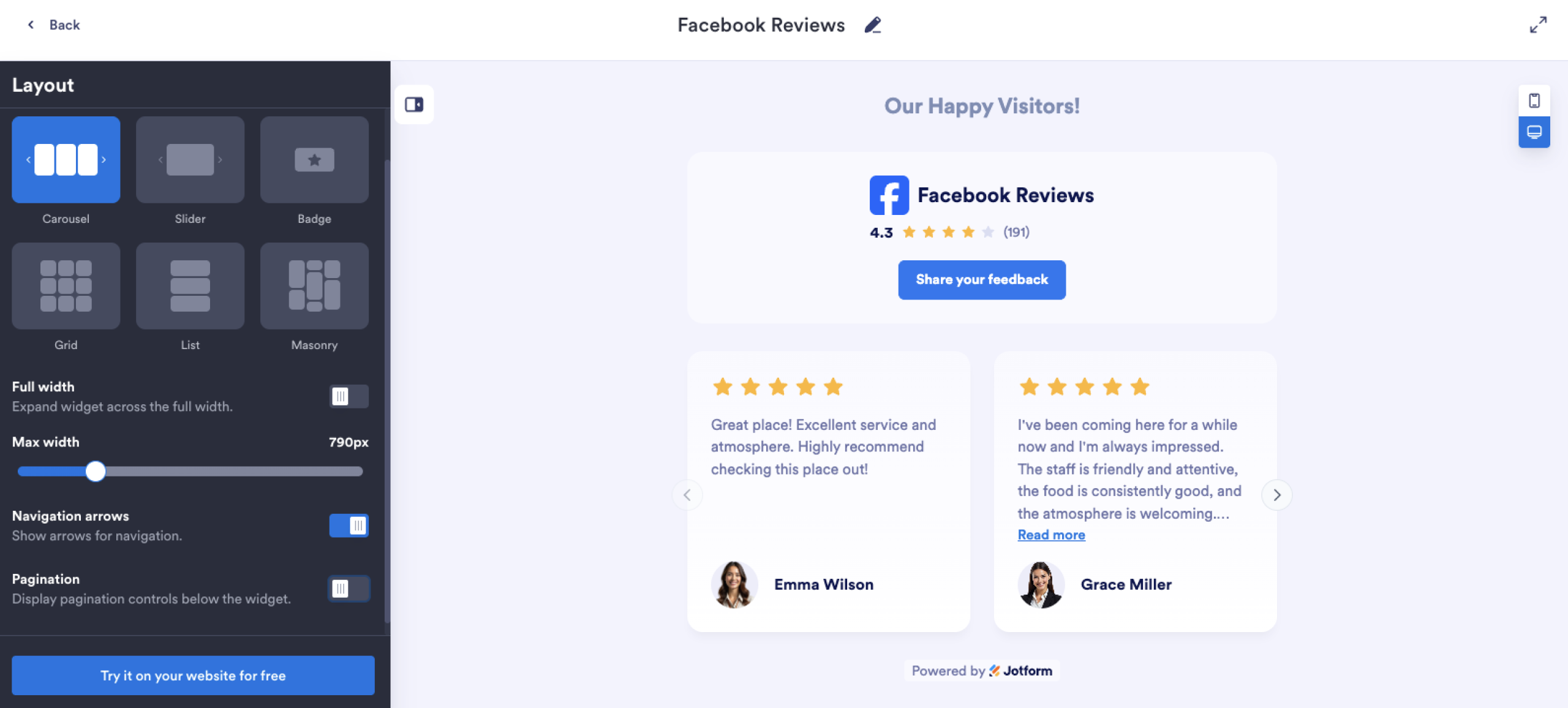 Jotform Facebook Reviews Widget Layout Menu Options