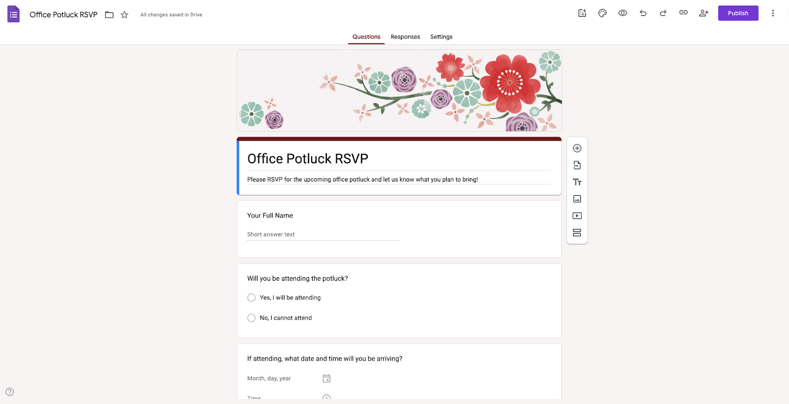 Google Forms page titled 'Office Potluck RSVP' with floral header design